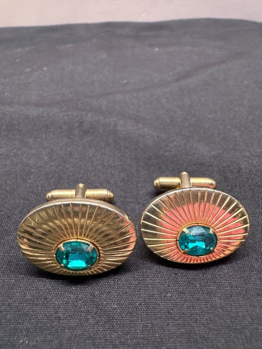 Vintage Gold-Tone Oval Cufflinks With Teal Gemstone Accent & Sunburst Design
